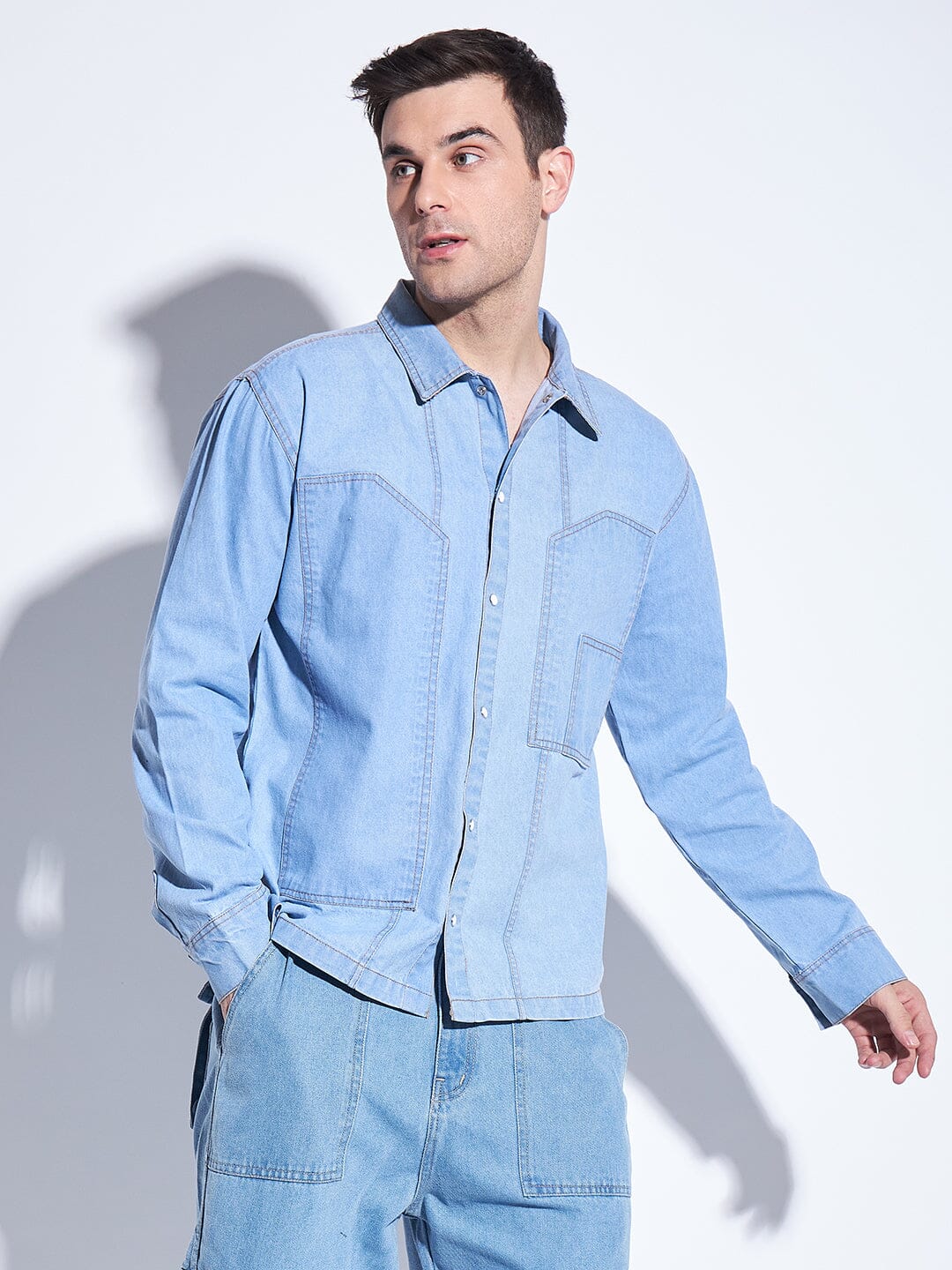 Men's Acid Wash Blue Pointed Collar Slim Fit Denim Shirt - JMOJO