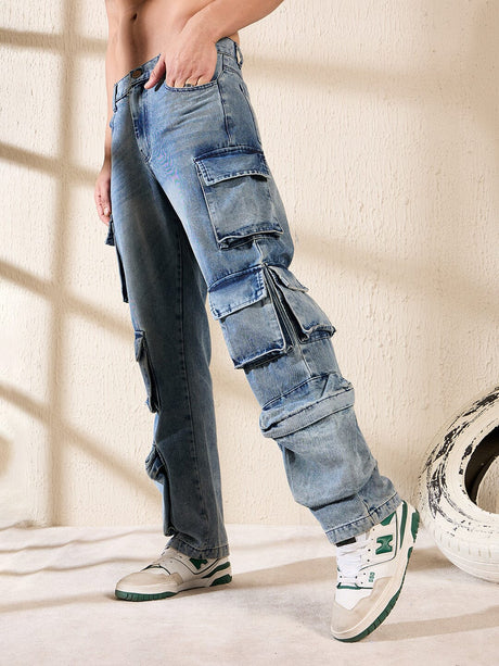 Dusty Blue Multi Pocket Cargo Denim Jeans Fugazee 