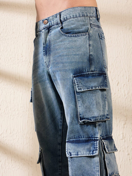 Dusty Blue Multi Pocket Cargo Denim Jeans Fugazee 