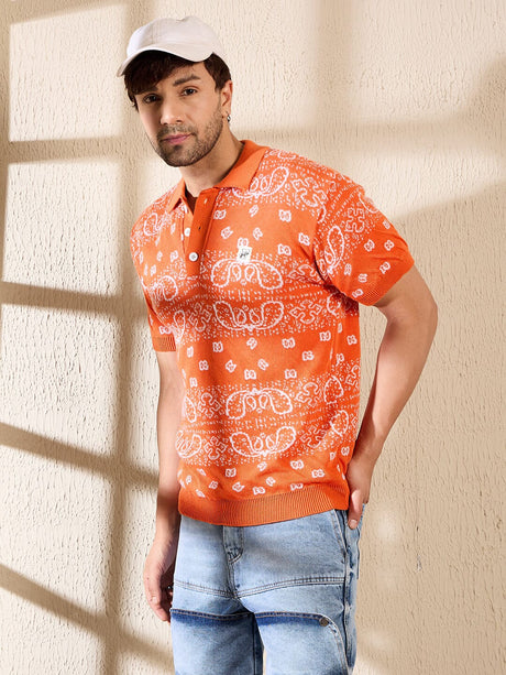 Orange Paisley Knitted Polo Tshirt T-shirts Fugazee 