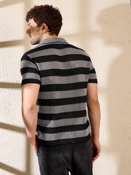 Grey & Black Striped Crotchet Knitted Shirt Shirts Fugazee 