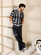 Grey & Black Striped Crotchet Knitted Shirt Shirts Fugazee 