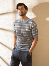 Blue Melange Striped Knitted Tshirt T-shirts Fugazee 