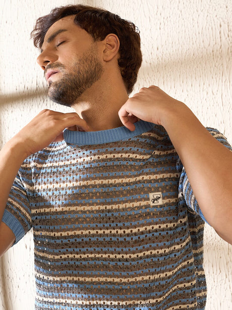 Blue Melange Striped Knitted Tshirt T-shirts Fugazee 