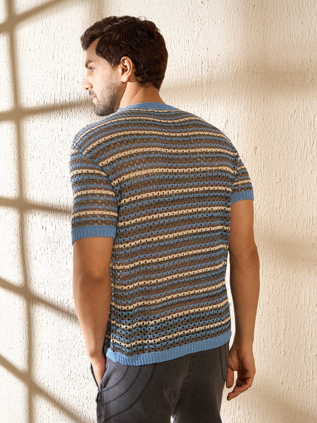 Blue Melange Striped Knitted Tshirt T-shirts Fugazee 