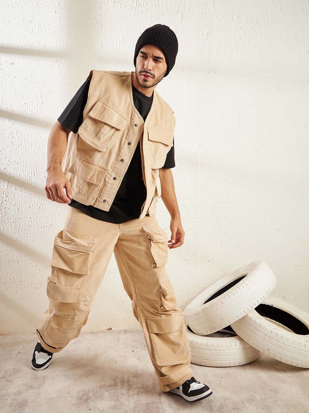 Beige Cord Baggy Sleeveless Jacket & Cargo Clothing Set | Fugazee – FUGAZEE