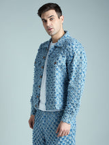 Blue Frayed Jacquard Cropped Denim Jacket Jackets Fugazee 