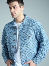 Blue Frayed Jacquard Cropped Denim Jacket Jackets Fugazee 