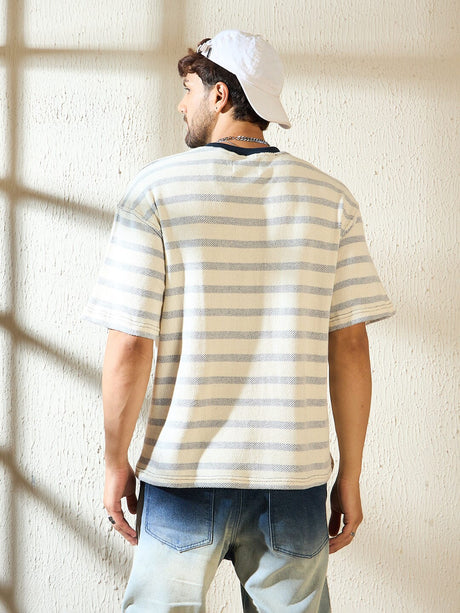 Ecru Sailor Striped Printed Oversized Tshirt T-shirts Fugazee 