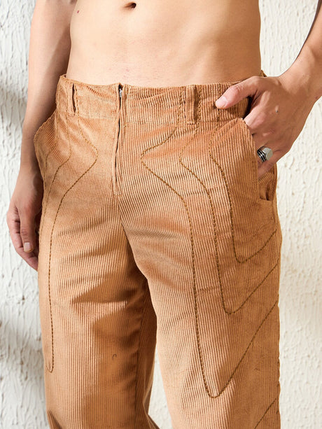 Brown Wavy Embroiedery Baggy Corduroy Trousers Trousers Fugazee 