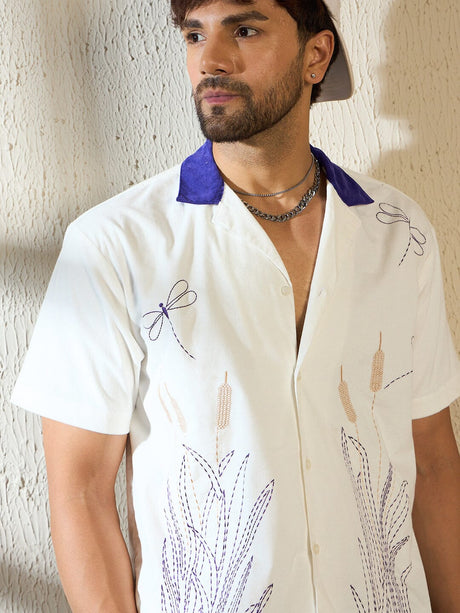 White Dragon Fly Embroidery Cuban Shirt Shirts Fugazee 