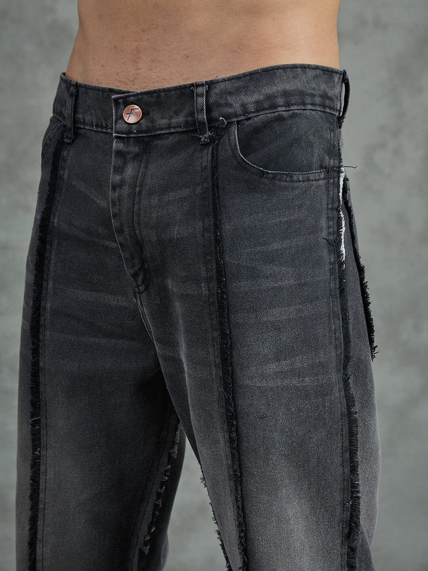 Black Cut And Sew Frayed Denim Jeans Fugazee 