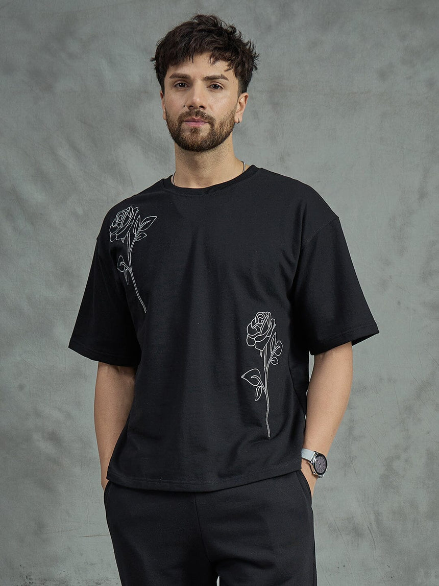 Black Rose Embroidery Oversized Tee T-shirts Fugazee 