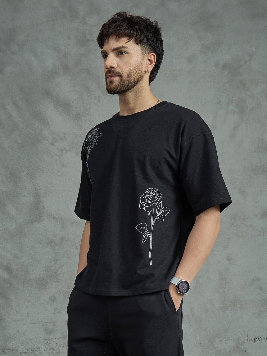 Black Rose Embroidery Oversized Tee T-shirts Fugazee 