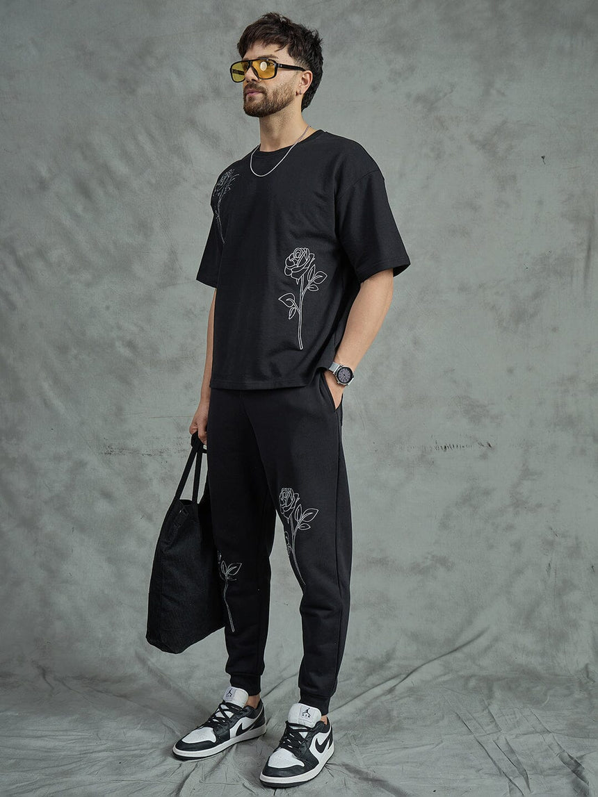 Black Rose Embroidery Oversized Tee T-shirts Fugazee 