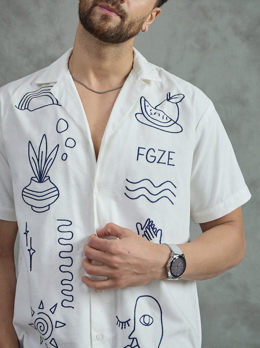 White Corduroy Embroidery Cuban Shirt Shirts Fugazee 