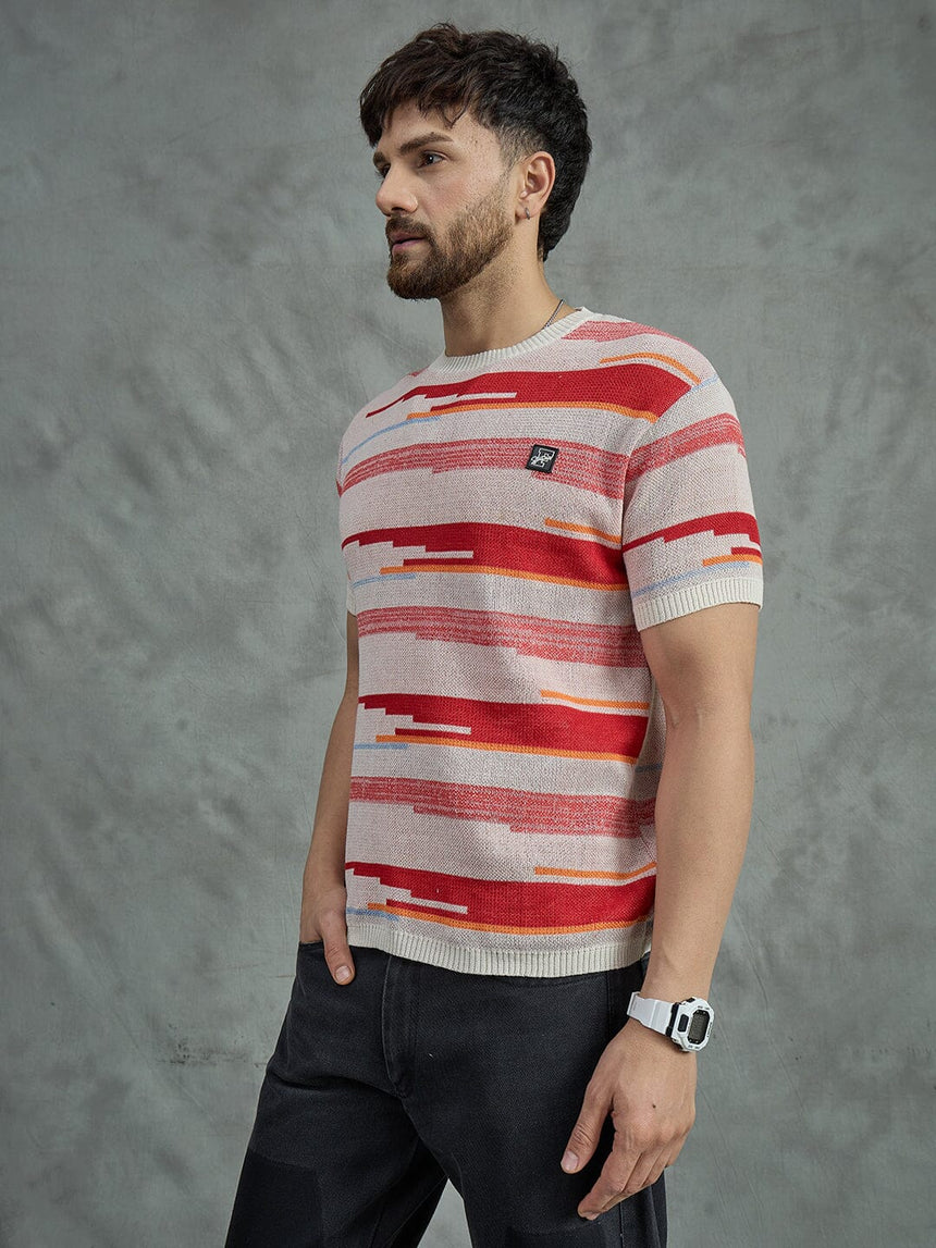 Red Striped Crew Neck Knitted T-Shirt T-shirts Fugazee 