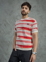 Red Striped Crew Neck Knitted T-Shirt T-shirts Fugazee 