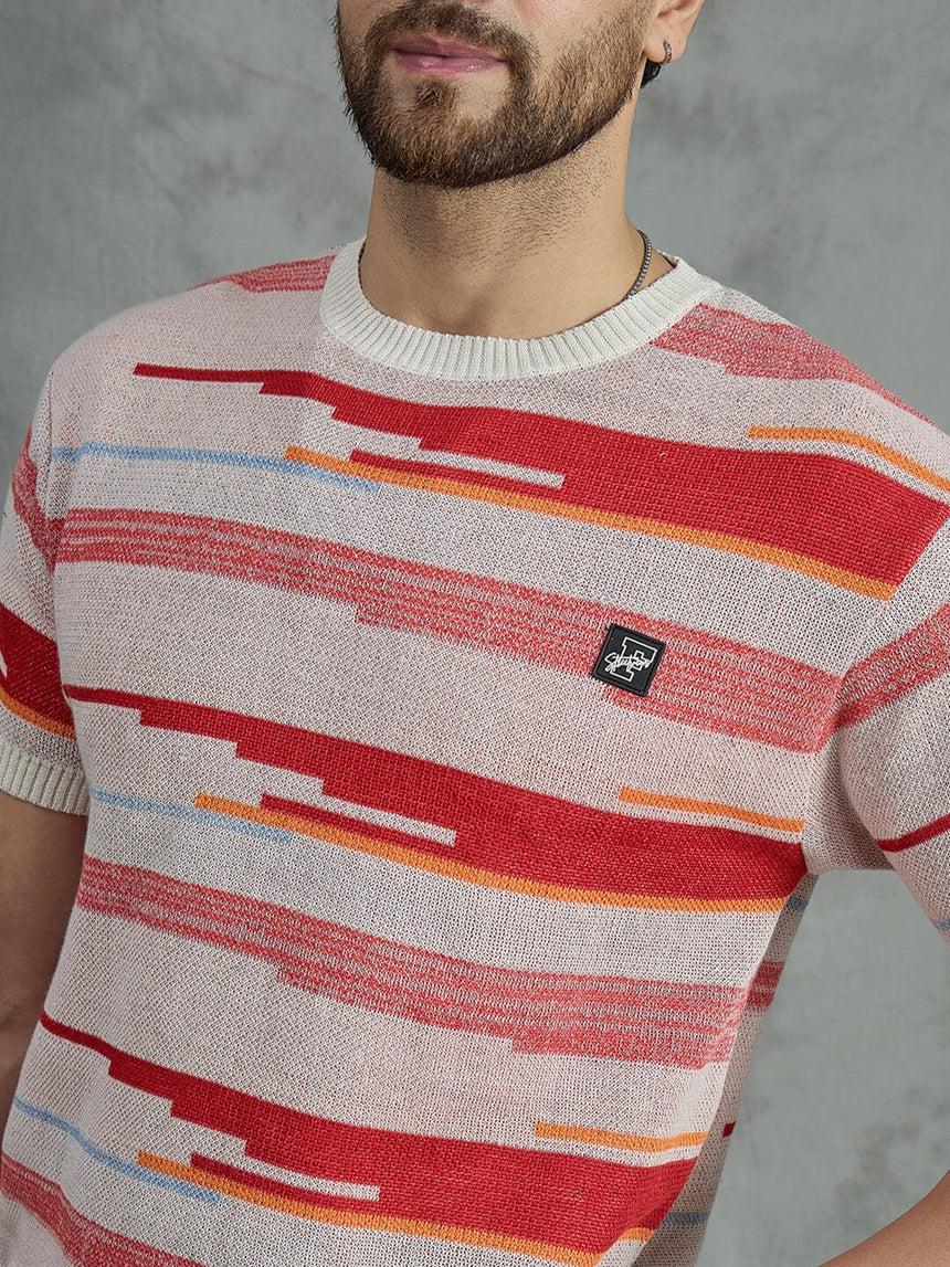 Red Striped Crew Neck Knitted T-Shirt T-shirts Fugazee 