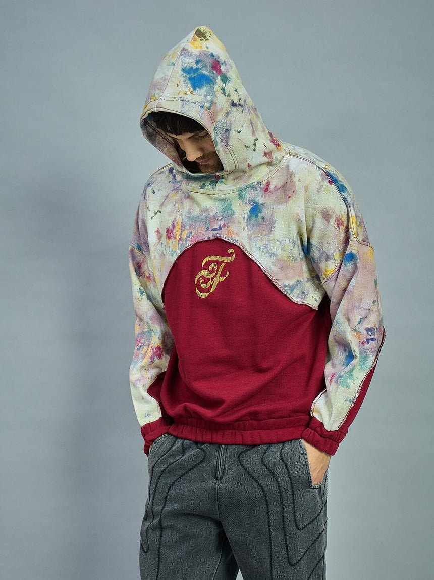 Maroon Tie Dye Cut & Sew Baggy Hoodie Sweatshirts Fugazee 