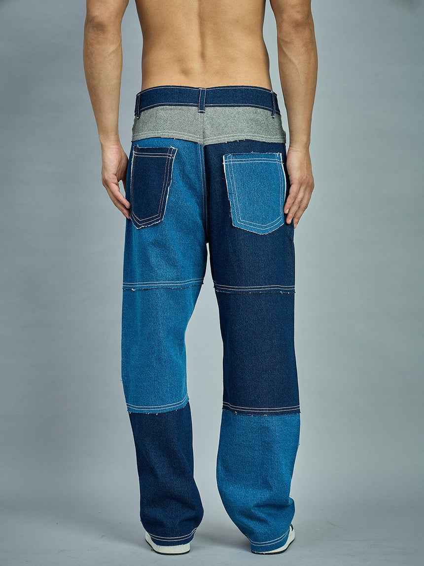 Indigo Colour Blocked Straight Fit Denim Jeans Fugazee 