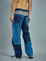 Indigo Colour Blocked Straight Fit Denim Jeans Fugazee 