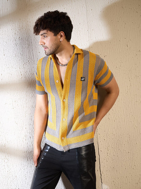 Yellow & Grey Striped Crochet Shirt Shirts Fugazee 