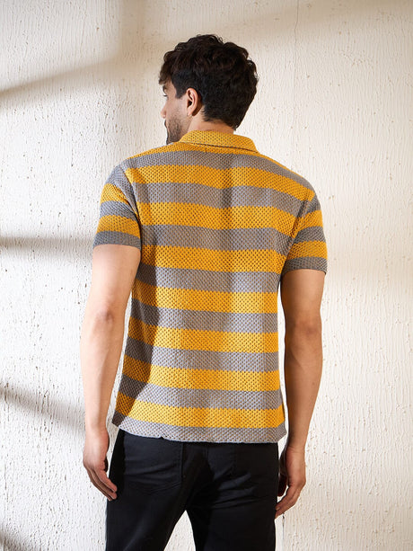 Yellow & Grey Striped Crochet Shirt Shirts Fugazee 