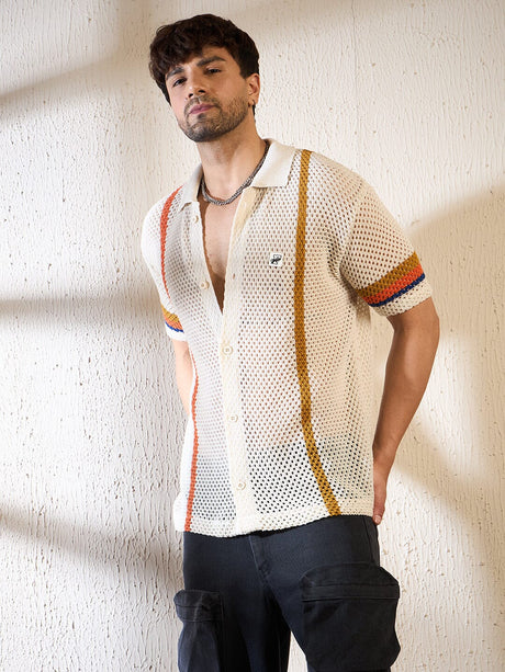 Ecru Crochet Striped Knitted Shirt Shirts Fugazee 