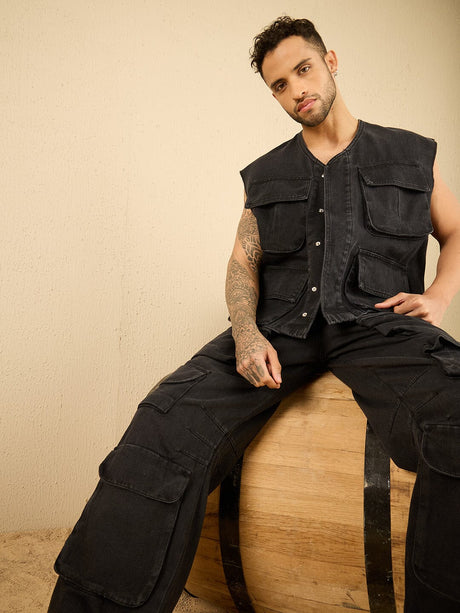 Black Wash Denim Utility Sleeveless Jacket Jackets Fugazee 