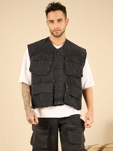 Black Wash Denim Utility Sleeveless Jacket Jackets Fugazee 