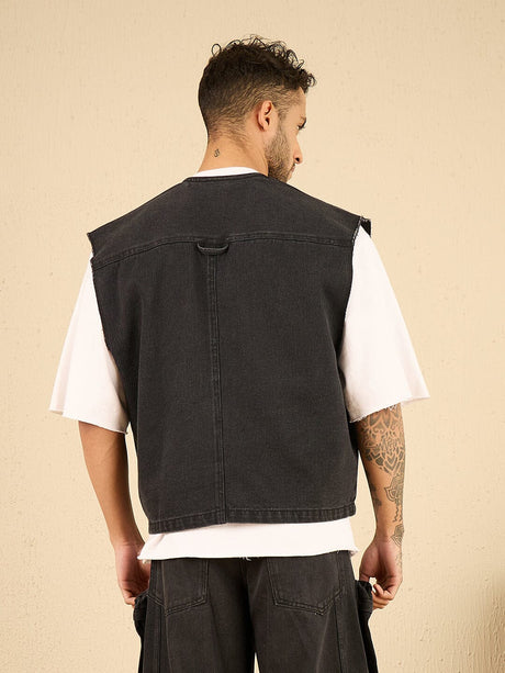 Black Wash Denim Utility Sleeveless Jacket Jackets Fugazee 