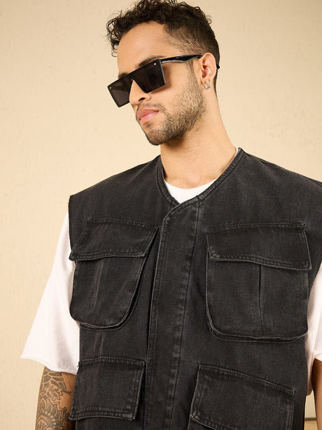 Black Wash Denim Utility Sleeveless Jacket Jackets Fugazee 