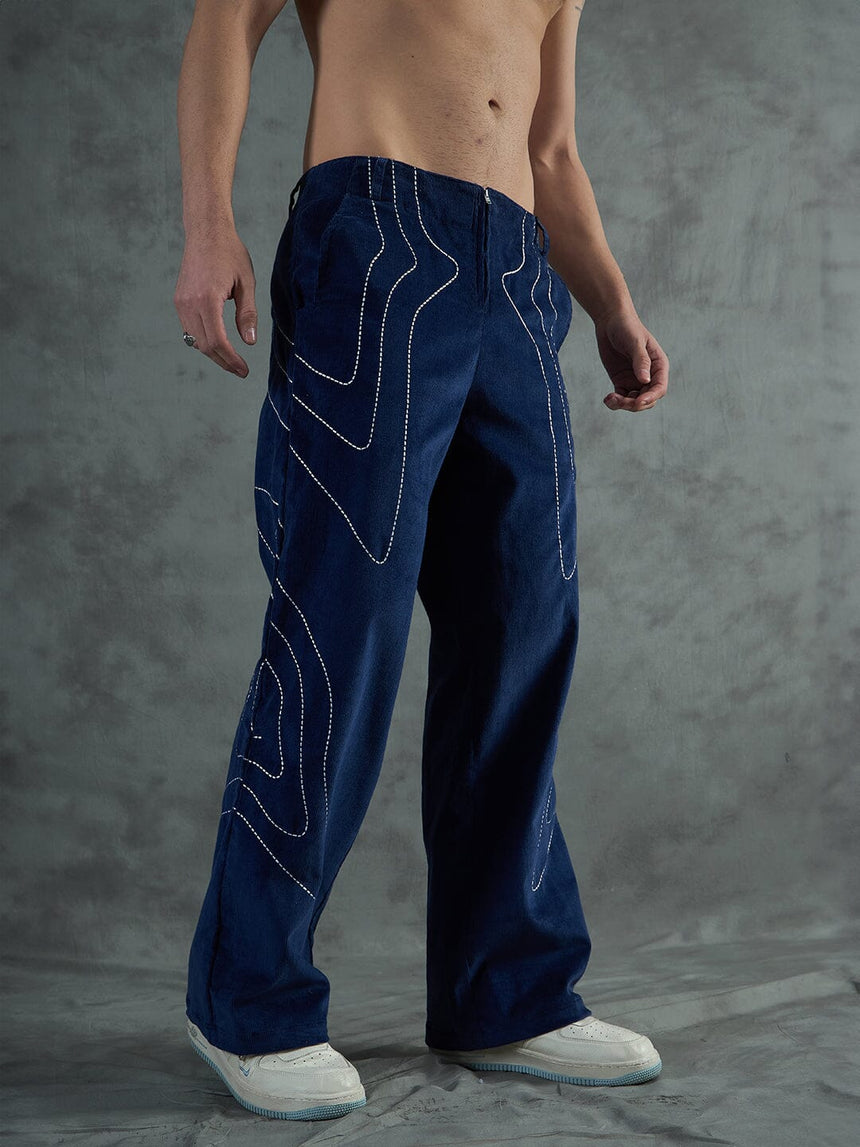 Navy Wavy Embroiedery Baggy Corduroy Trousers Trousers Fugazee 