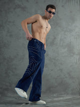 Navy Wavy Embroiedery Baggy Corduroy Trousers Trousers Fugazee 