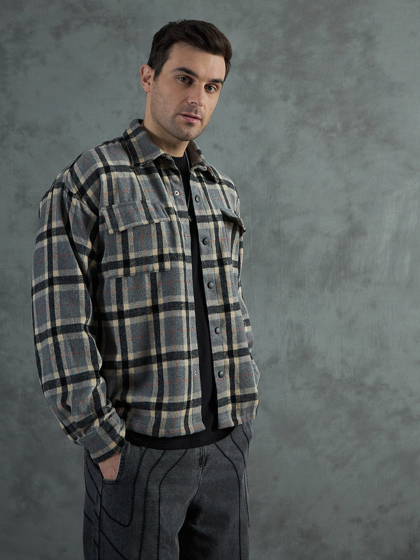 Grey Plaid Woollen OverShirt Shackets Fugazee 