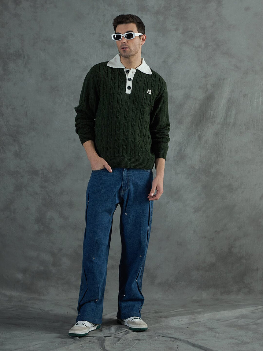 Green Cabel Knit Polo Sweater Sweaters Fugazee 