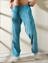 Teal Wavy Embroidery Baggy Corduroy Trousers Trousers Fugazee 