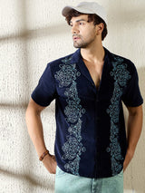 Navy Baroque Embroidered Cuban Corduroy Shirt Shirts Fugazee 