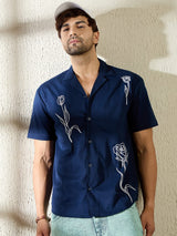 Navy Rose Embroidery Cuban Shirt Shirts Fugazee 