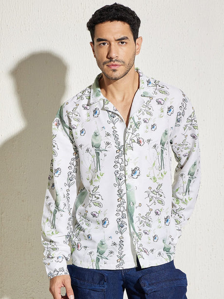 White Parrot Print Cuban Shirt Shirts Fugazee 