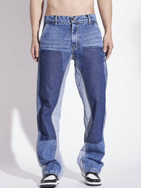 Mid Blue Contrast Panel Flared Denim Jeans Fugazee 