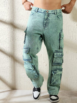 Teal Tinted Washed Baggy Cargo Denim Jeans Fugazee 