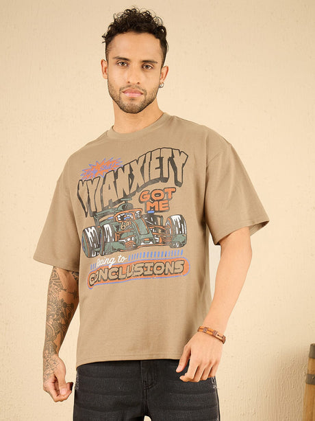 Beige Racing Graphic Oversized Tshirt T-shirts Fugazee 