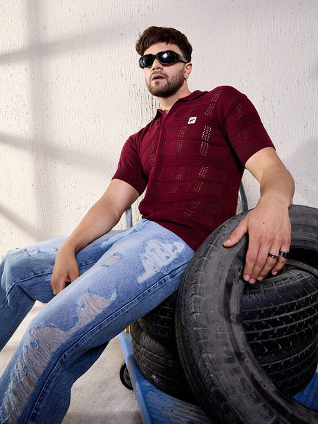 Wine Textured Knitted Polo Tee T-shirts Fugazee 