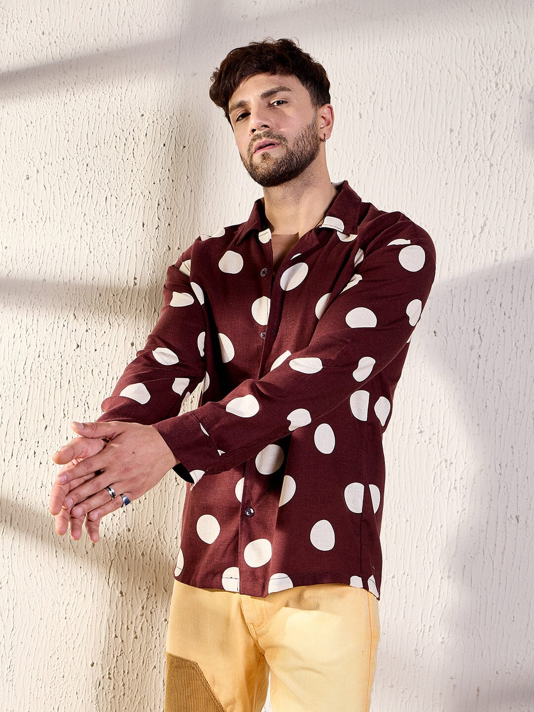 Maroon polka dot shirt fashion