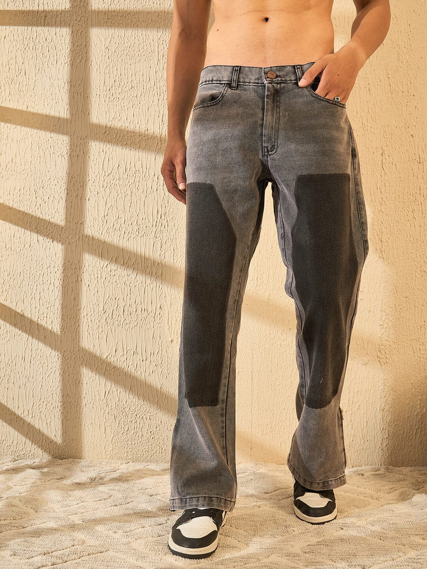 Grey Contrast Patched Flared Zipped Denim Jeans Fugazee 