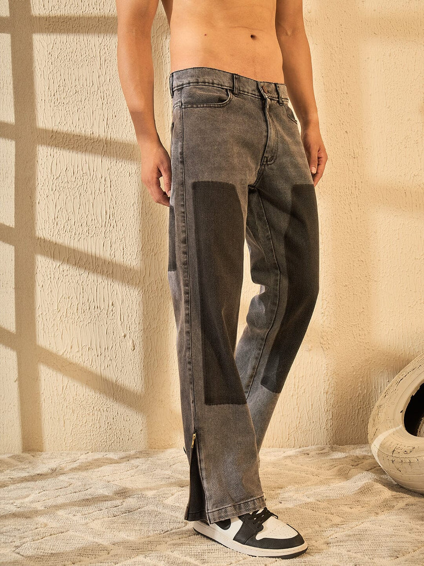 Grey Contrast Patched Flared Zipped Denim Jeans Fugazee 