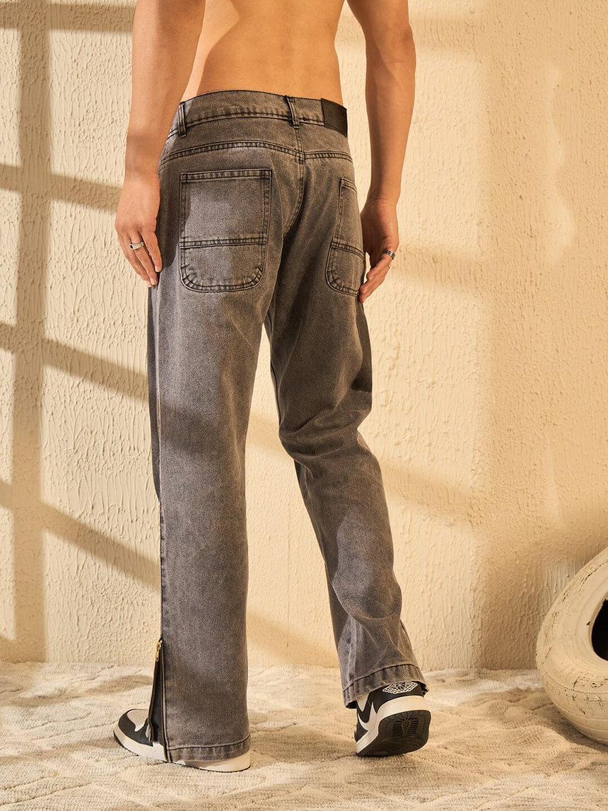 Grey Contrast Patched Flared Zipped Denim Jeans Fugazee 