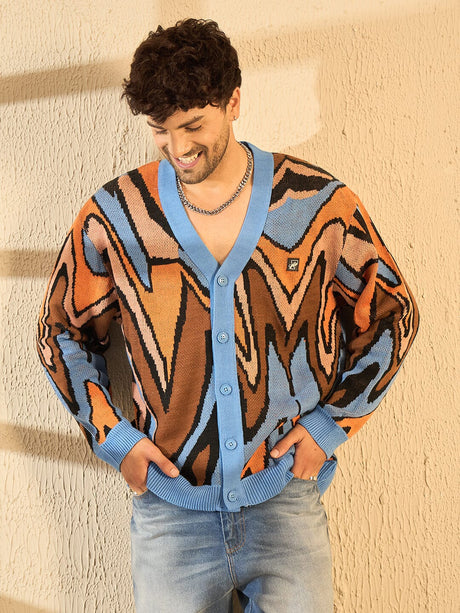 Blue Abstract Graphic Cardigan Sweaters Fugazee 